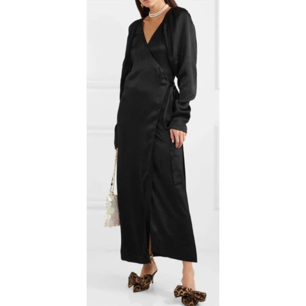 ROTATE Birger Christensen Black Satin Puff Sleeve True Wrap Maxi Dress 38 M